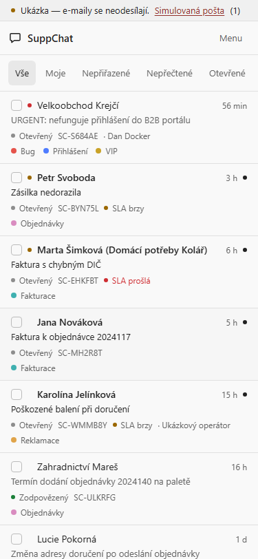 Demo SuppChatu na mobilu: seznam tiketů se stavy, SLA a štítky